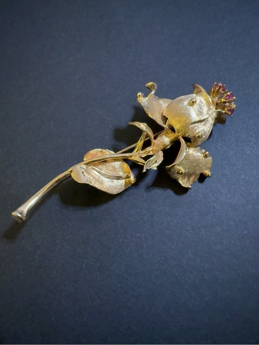 Vintage 14K Gold Thistle Brooch with Ruby Accents